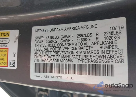 2020 Honda Accord Hybrid Touring из США, поврежденный, VIN 1HGCV3F95LA000596